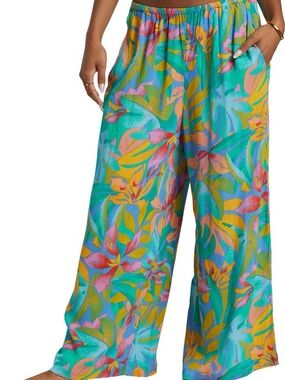 Billabong Tropical Wide Leg Teal Multi Color Pants Boho Beach Vacation Resort S